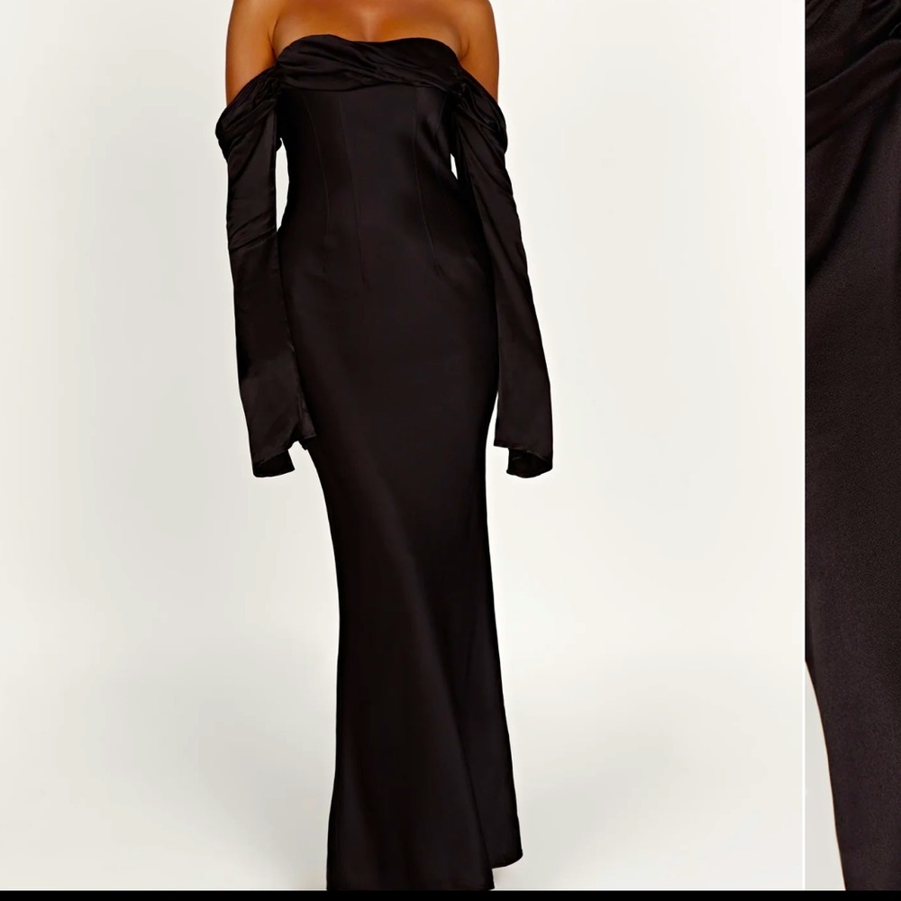 MESHKI Off-Shoulder Black Maxi Dress with Draped Sleeves